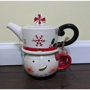 Snowman Peppermint Tea Pot & Mug Teapot Set Christmas Snowflake Hand Painted